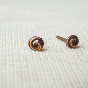 May include: A pair of small, copper-colored earrings with a spiral design. The earrings are simple and elegant.