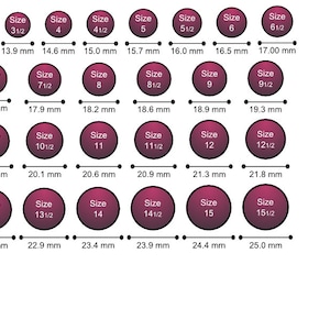 May include: A chart showing different sizes of round objects, with the size number and measurement in millimeters listed below each object.
