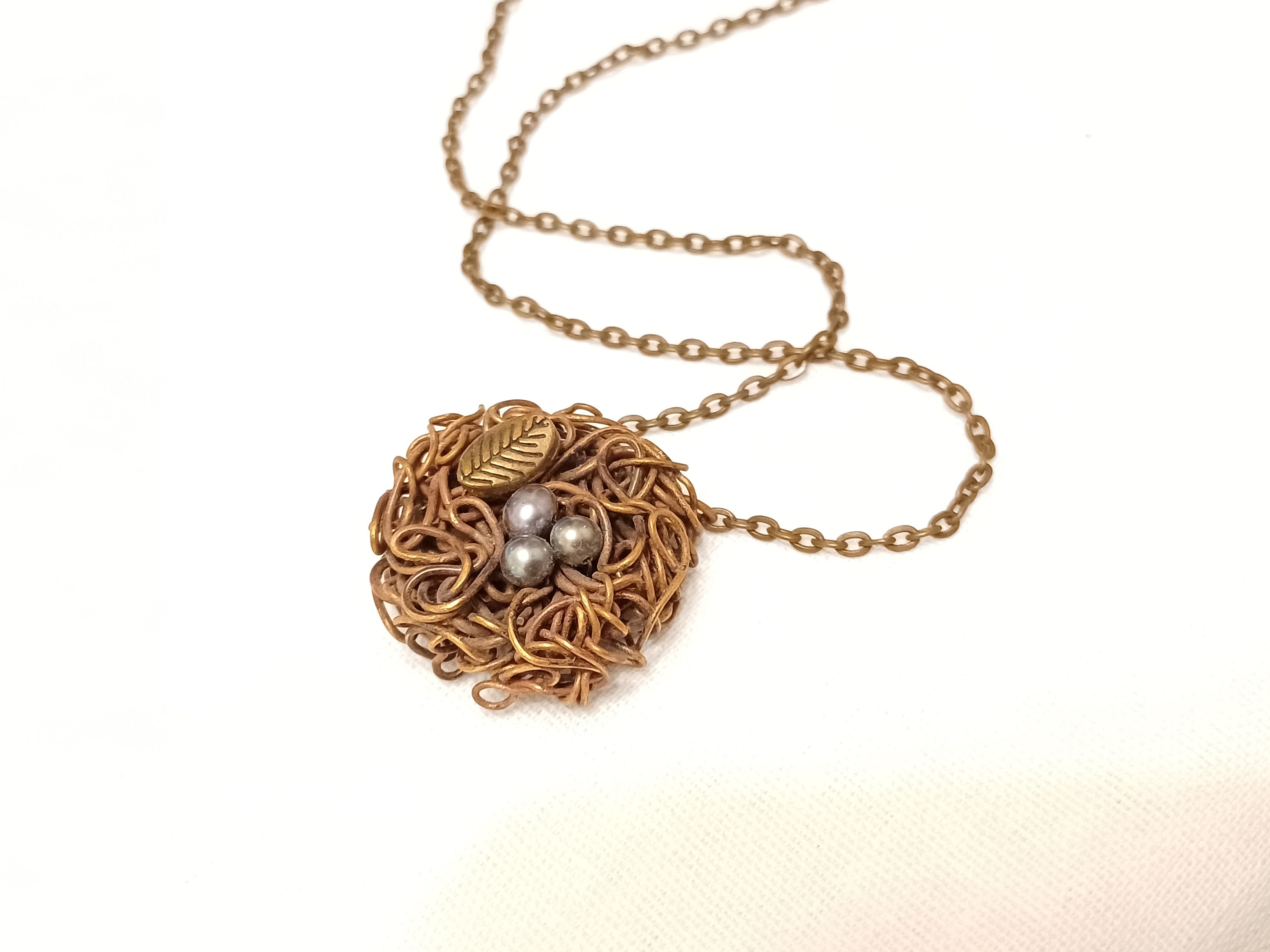 Nest Necklace Bird Nest Charm Pendant Necklace Copper Necklace Pearl Eggs Mothers Necklace Mommy