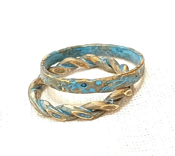 Matching Celtic rings, Couple ring set, Blacksmith Rings for two, Wedding & Engagement, Blue patina Copper Viking Custom jewelry
