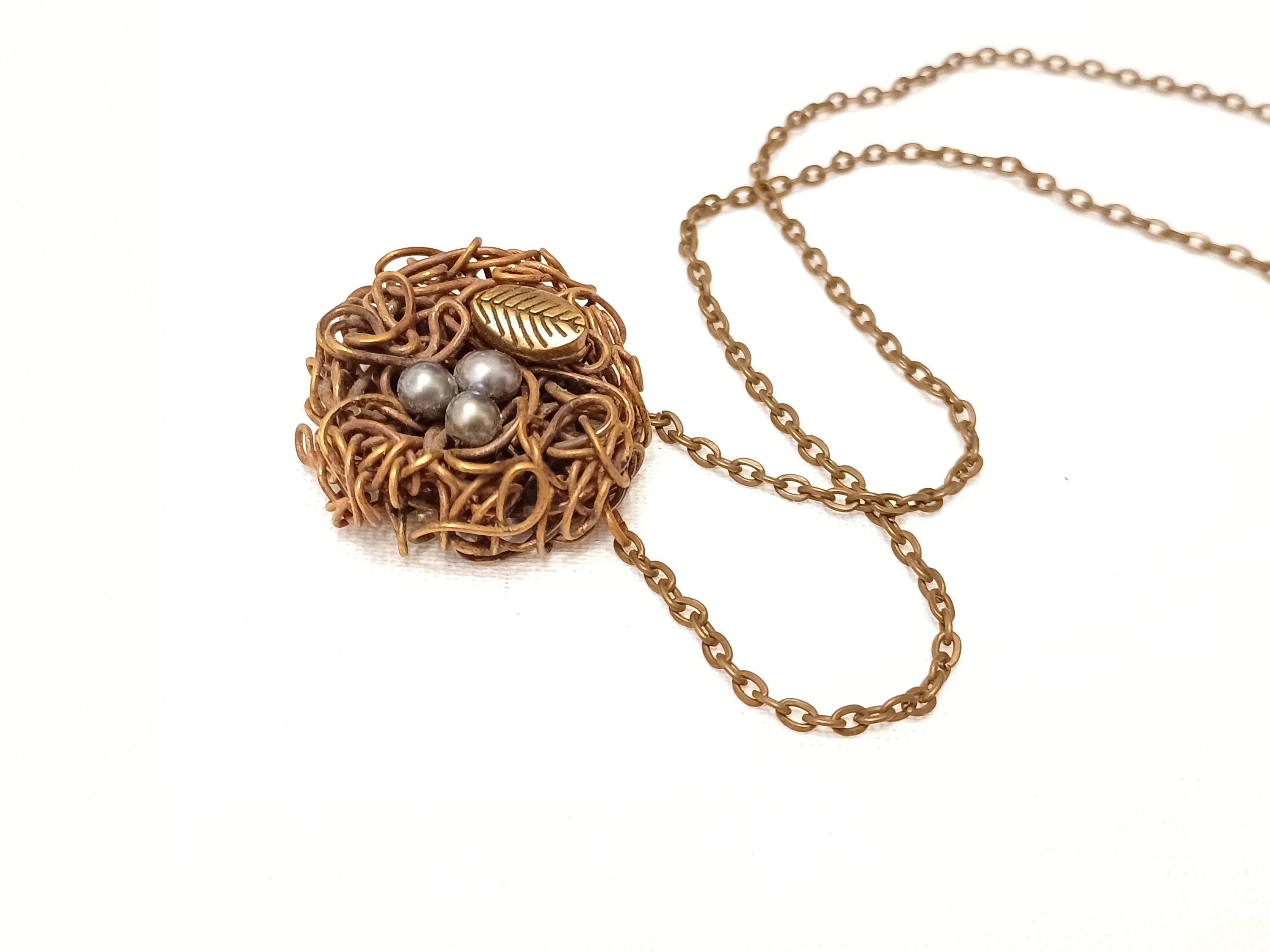 Nest Necklace Bird Nest Charm Pendant Necklace Copper Necklace Pearl Eggs Mothers Necklace Mommy