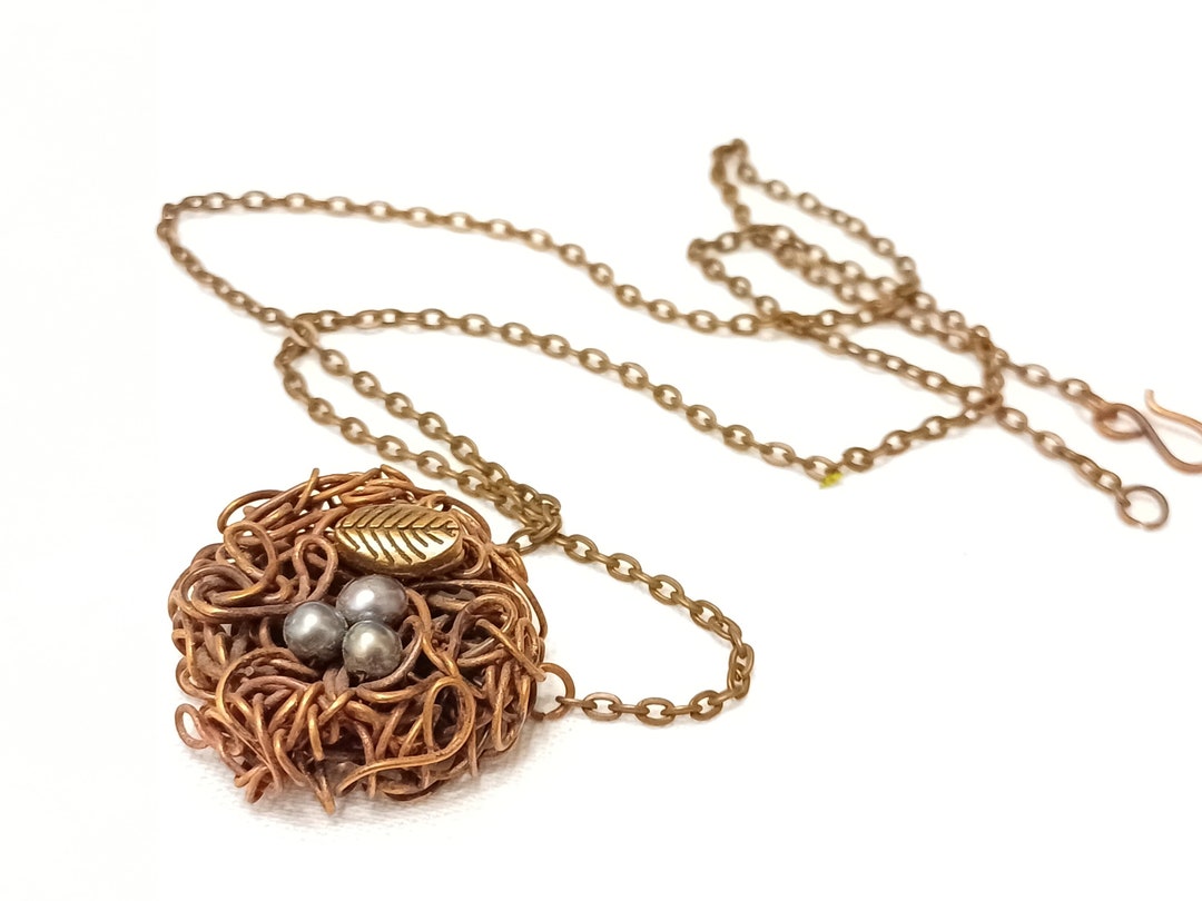 Nest Necklace Bird Nest Charm Pendant Necklace Copper Necklace Pearl Eggs Mothers Necklace Mommy