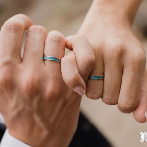 Matching rings, Couple rings simple, Couples promise rings matching, Friendship rings set of 2, Copper hammered ring, Blue matching rings image 1