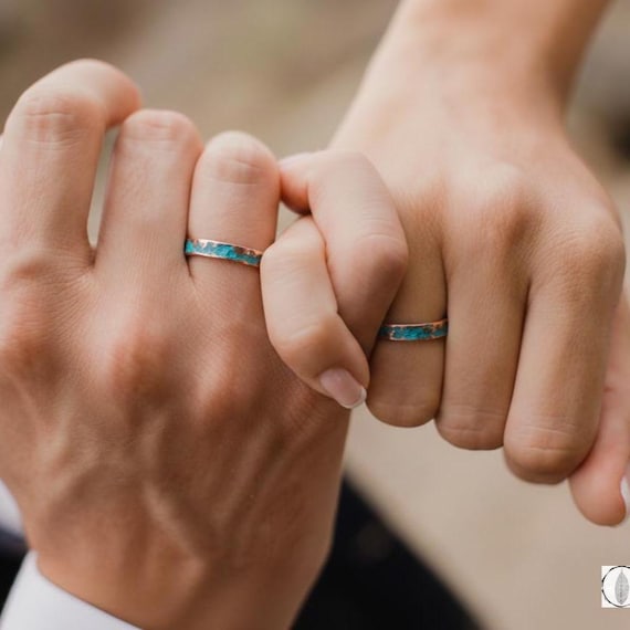 Matching rings, Couple rings simple, Couples promise rings matching, Friendship rings set of 2, Copper hammered ring, Blue matching rings