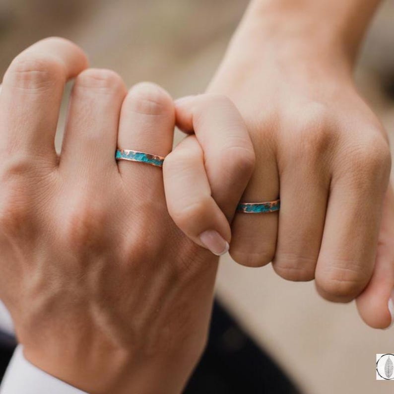 Matching rings, Couple rings simple, Couples promise rings matching, Friendship rings set of 2, Copper hammered ring, Blue matching rings image 1
