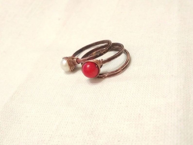 Statement Rings, Three Ring Set, Pearl Coral Ring, Red Gemstone Ring