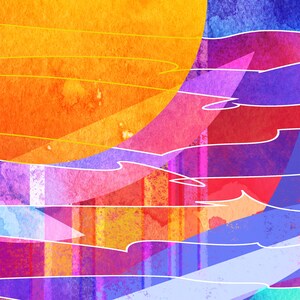 K&ouml;nnte beinhalten: Abstraktes Aquarellbild mit einer lebendigen Farbpalette aus Orange, Gelb, Rosa, Rot, Lila und Blau. Das Bild zeigt geometrische Formen und wellenf&ouml;rmige Linien, die eine dynamische und energiegeladene Komposition erzeugen.