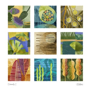 May include: A digital collage of nine abstract squares with different colors and patterns. The squares are arranged in a 3x3 grid. The colors include green, blue, yellow, brown, and red. The patterns include circles, lines, and organic shapes.