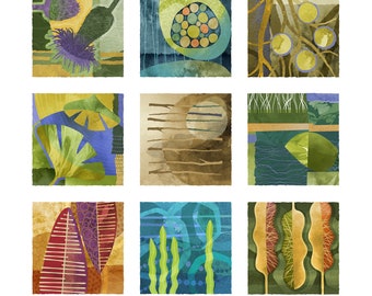 May include: A digital collage of nine abstract squares with different colors and patterns. The squares are arranged in a 3x3 grid. The colors include green, blue, yellow, brown, and red. The patterns include circles, lines, and organic shapes.