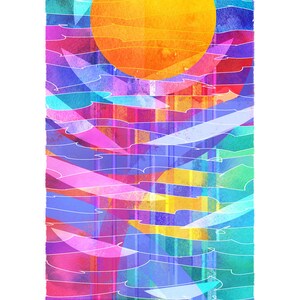 Op de afbeelding: Abstracte digitale kunstprint met een grote gele cirkel op een blauwe, groene, roze en paarse achtergrond. De print heeft een textuur die lijkt op aquarel. De tekst "Lucent" staat in de linkerbenedenhoek en de tekst "JGKrawz" staat in de rechterbenedenhoek.