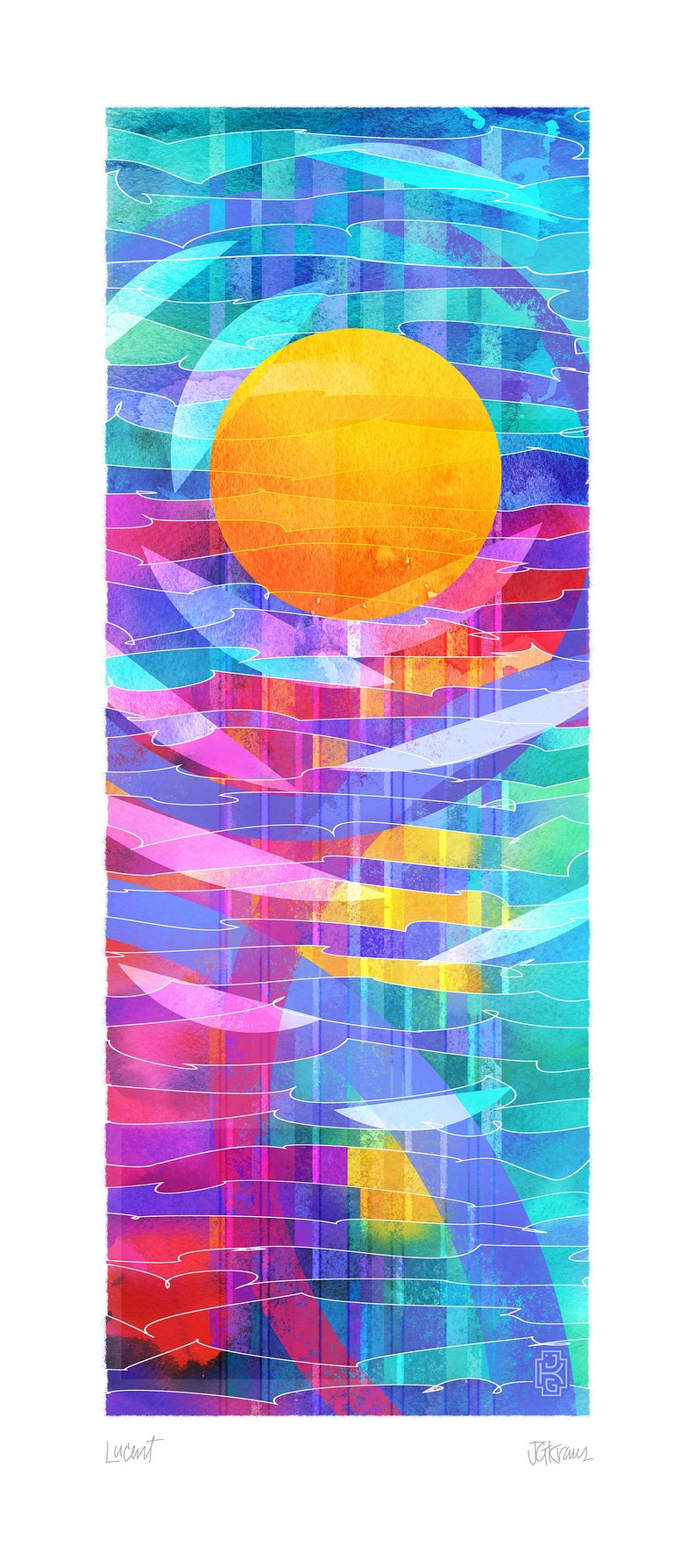 K&ouml;nnte beinhalten: Abstrakter digitaler Kunstdruck mit einem gro&szlig;en gelben Kreis auf blauem, gr&uuml;nem, rosa und violettem Hintergrund. Der Druck hat eine texturierte, aquarellartige Optik. Der Text "Lucent" befindet sich in der linken unteren Ecke und der Text "JGKrawz" in der rechten unteren Ecke.