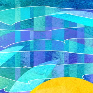 K&ouml;nnte beinhalten: Abstraktes geometrisches Muster mit blauen, t&uuml;rkisfarbenen und violetten Streifen und wei&szlig;en Linien. Ein gelber Kreis befindet sich am unteren Rand des Bildes.