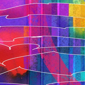 K&ouml;nnte beinhalten: Abstrakte digitale Kunst mit einem Regenbogen-Farbschema. Das Bild zeigt eine Reihe vertikaler Streifen in verschiedenen Schattierungen von Rot, Orange, Gelb, Gr&uuml;n, Blau, Indigo und Violett. Die Streifen sind mit wei&szlig;en, wellenf&ouml;rmigen Linien &uuml;berlagert, die ein Gef&uuml;hl von Bewegung und Tiefe erzeugen.