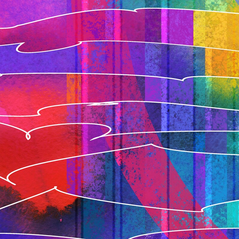 K&ouml;nnte beinhalten: Abstrakte digitale Kunst mit einem Regenbogen-Farbschema. Das Bild zeigt eine Reihe vertikaler Streifen in verschiedenen Schattierungen von Rot, Orange, Gelb, Gr&uuml;n, Blau, Indigo und Violett. Die Streifen sind mit wei&szlig;en, wellenf&ouml;rmigen Linien &uuml;berlagert, die ein Gef&uuml;hl von Bewegung und Tiefe erzeugen.