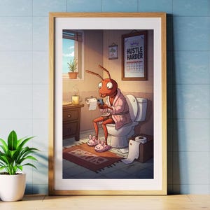Funny Bathroom Poster – Lazy Ant on Toilet Watching Reels – Humorous Digital Art Print – Cartoon Wall Decor for Bathroom