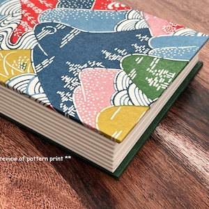 Puede incluir: Primer plano de un libro con un patrón colorido de inspiración japonesa en la portada. El libro tiene un lomo verde y páginas blancas.