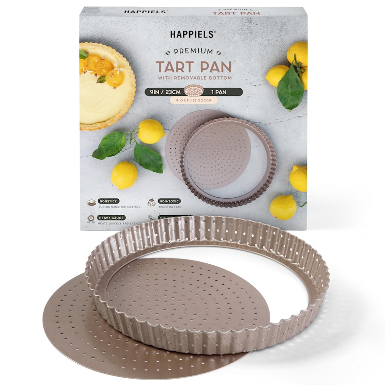 HAPPIELS Non Toxic Nonstick 9 Inch Tart Pan with Removable Bottom | Perforated Fluted Quiche Mold | Pie Dish | Non Stick Tart Tin