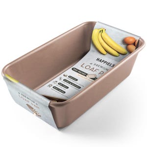 May include: A brown nonstick loaf pan with a label that says "Happiels Premium Loaf Pan 9x5 inches". The label also lists features like nonstick coating, sturdy and resistant, extra thick high carbon steel, non-toxic, heavy gauge, and heats quickly and evenly.