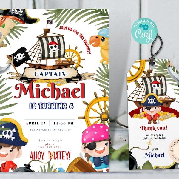 Pirates Birthday Party Invitation Template | Pirate Party Invite | Editable Birthday Invitation | Thank You Tag