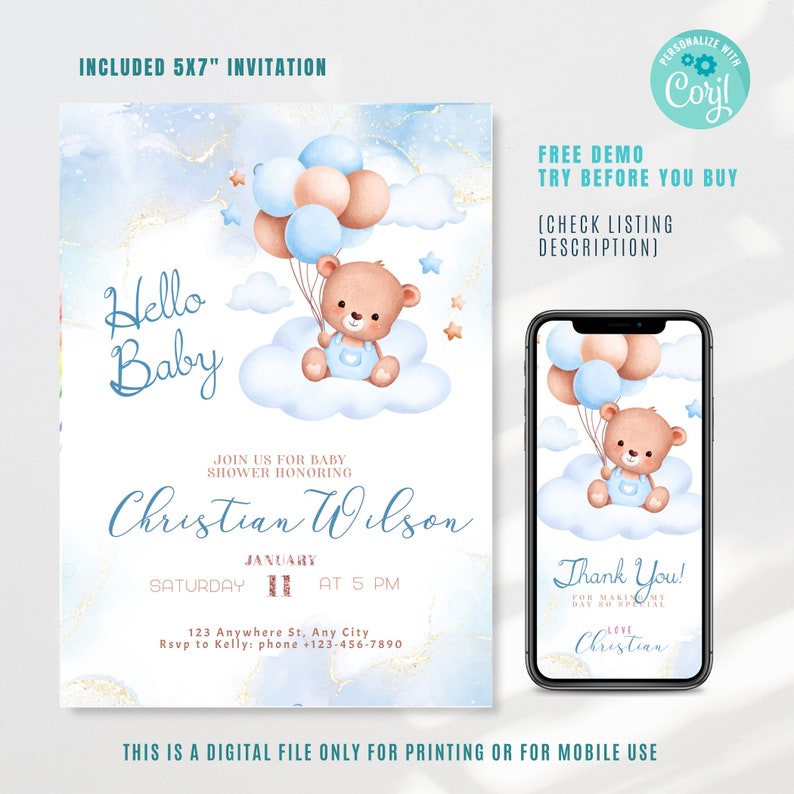 Teddy Bear Baby Shower Invitation Editable Teddy Bear Party Invitation
