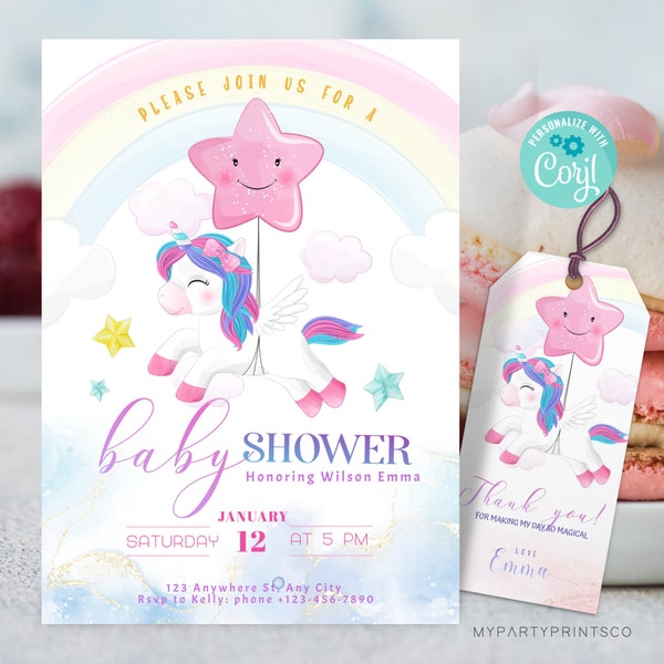 Unicorn Baby Shower Invitation | Rainbow Unicorn Baby Shower | Editable Invitation