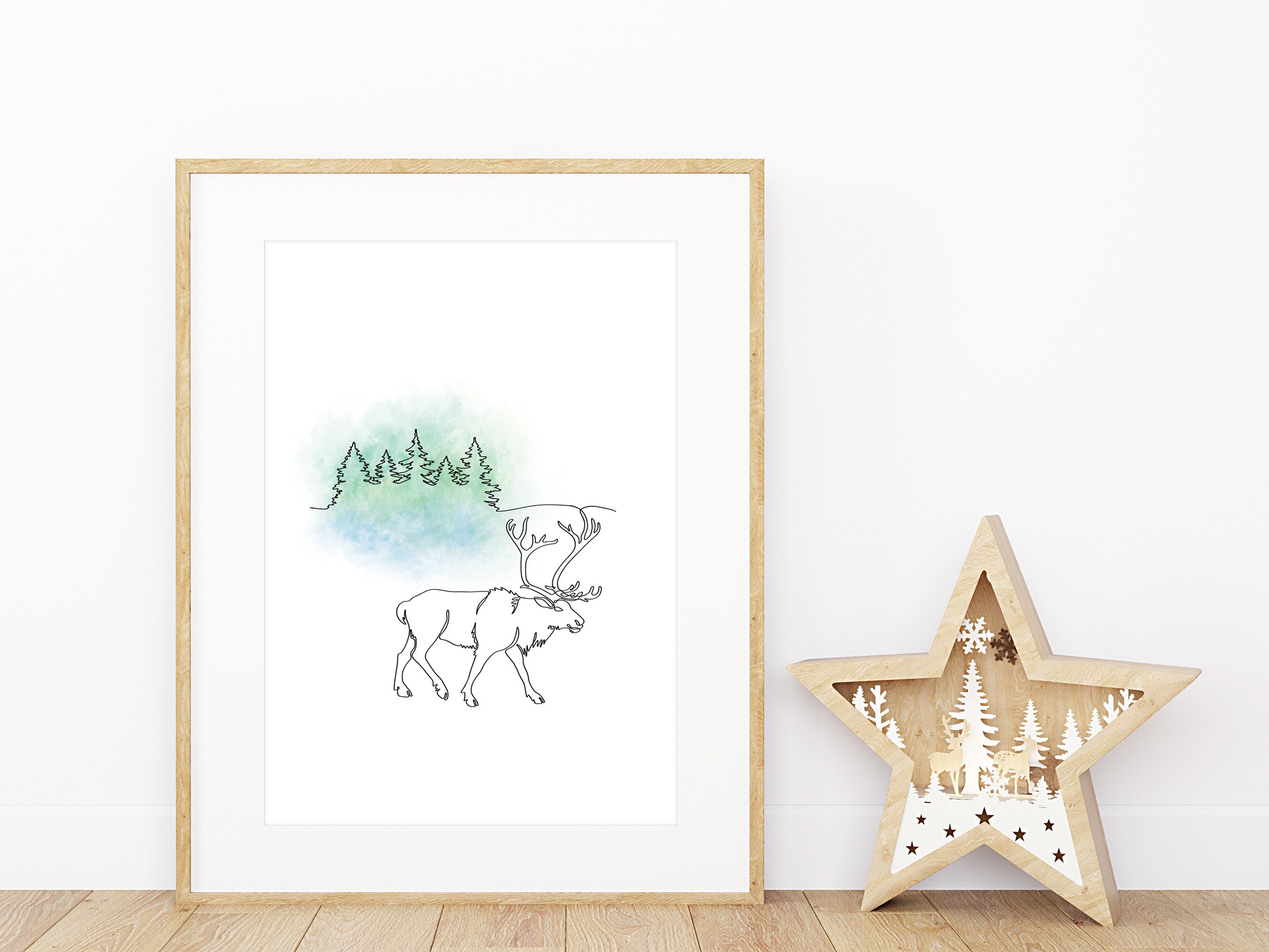 Minimalist One Line Art, Emerald Green Christmas Wall Art Printable