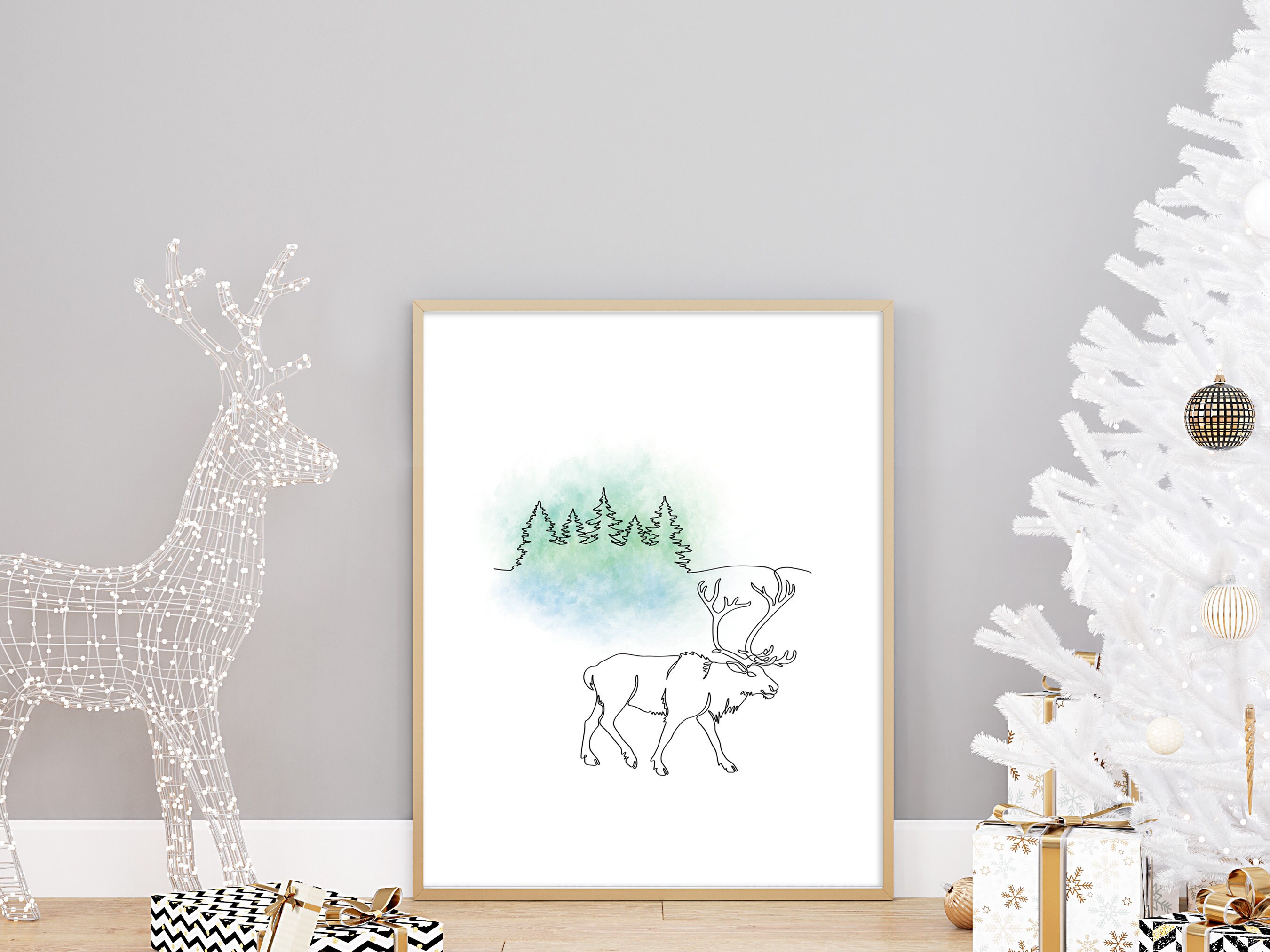 Minimalist One Line Art, Emerald Green Christmas Wall Art Printable