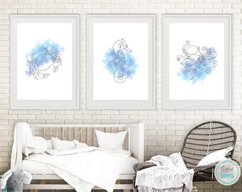 Minimalistische One Line Art, 3er Set abstrakte Meeresbewohner Drucke, Pastell Blau Kinderzimmer Wandkunst Bundle, digitaler Download