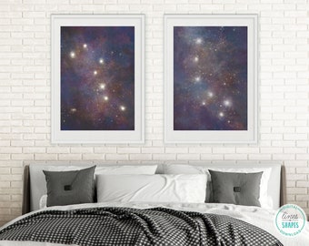 Aquarell Kunstdrucke, 2er Set Sternenhimmel Gemälde, Sterne Wandkunst Bundle, Ursa Konstellationen, digitaler Download