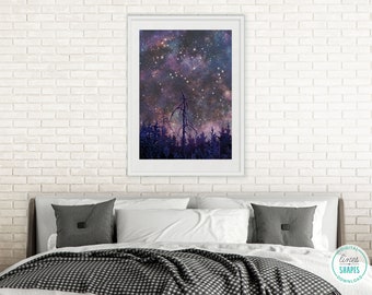 Aquarell Kunst druckbare, Sternbilder Print, Sternenhimmel Wandkunst, dunkle Wald Malerei, digitaler Download