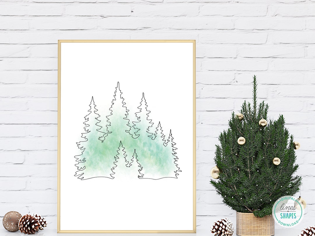 Minimalist One Line Art, Emerald Green Christmas Wall Art Printable