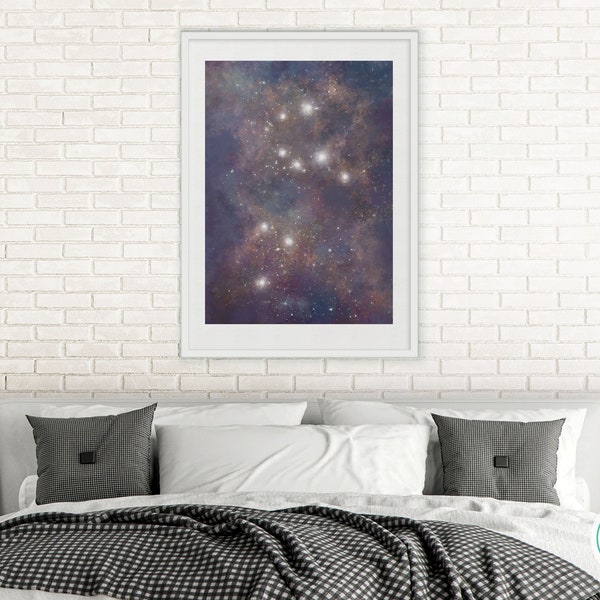 Watercolor Art Print, Leo Constellation, Starry Night Sky Painting, Zodiac Wall Art, Horoscope Artwork, Digital Download