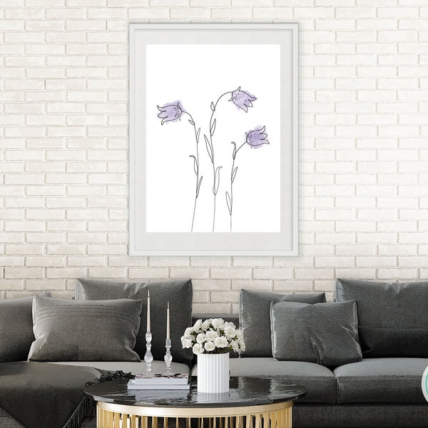 Minimalist One Line Art Print, Botanical Line Drawing, Violet Wild Flowers Wall Art, Boho Wall Décor, Digital Download