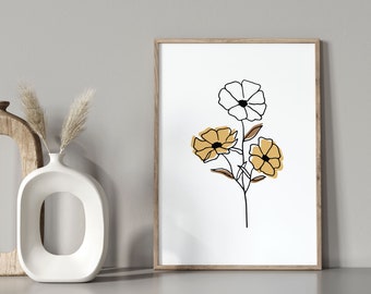 Yellow Line Flowers Wall Art, Mustard Flower Wall Art, Botanical Wild Flowers, Minimalist Line Botanical Print, Printed Poster, Line Art