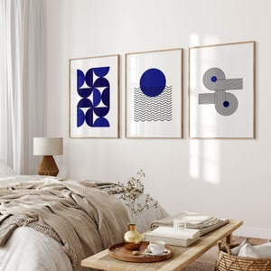 Set of 3 Mid Century Modern Gallery Wall Art,Geometric Abstract Prints,Blue and Black Abstract Illustrations,Neutral Modern Wall Art Posters
