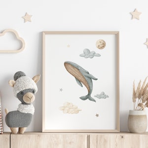Gray Whale Nursery, Nursery Bedroom Print, Beige Nursery, Vintage Whale Nursery Wall Art,Neutral Nursery,Clouds Moon Nursery,Baby Room Decor