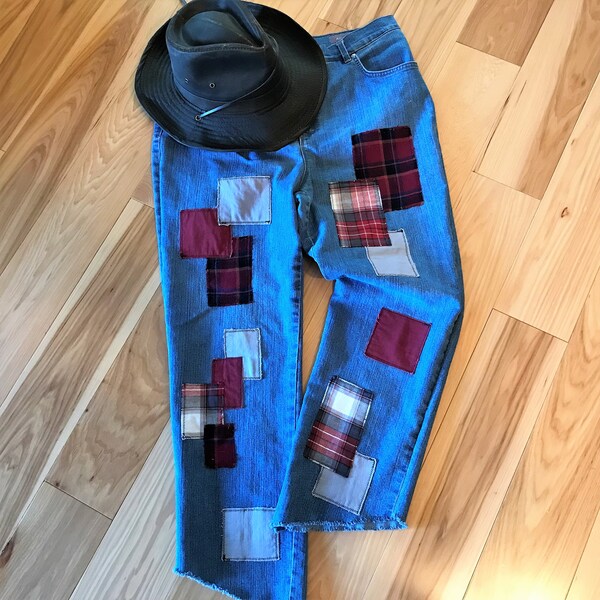 Plaid Patchwork Frayed Hem Ripped Jeans