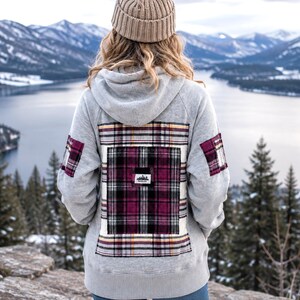 Upcycled Patchwork Hoodie, Size Large: Gray & Pink Plaid, Raw Seam Grunge PWH