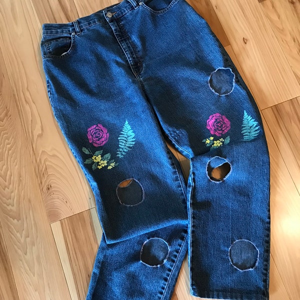 Holey distressed jeans size 16 round cutouts, destroyed high-waisted vintage 80s 90s retro funky pants, teen young adult college gift for