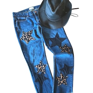 Upcycled Patchwork Jeans, Leopard Print Star Patches Grunge Cropped Pants, Junior 5-6 SPWJ