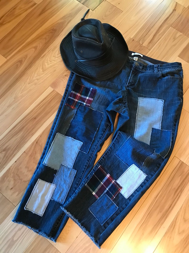 Reworked Denim Flannel Plaid Patch Jeans Size 16 Upcycled Etsy
