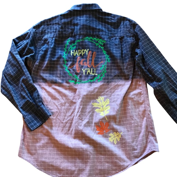 Bleached Flannel Painted Shirt, Size Medium: Autumn Theme Fall Leaves BPWA