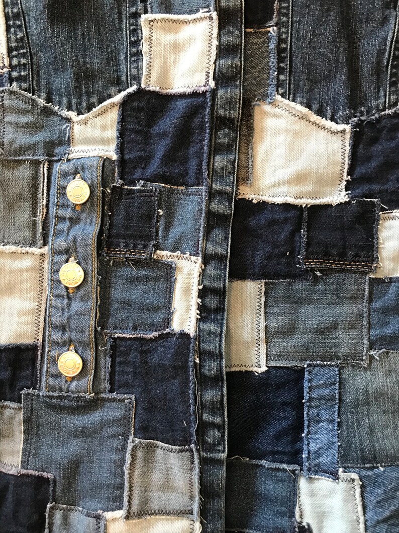 Patchwork Jean Jacket Women's Medium Upcycled, Table Rock Lake Theme With Handmade Denim Patches