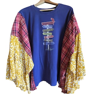 Upcycled plus size boho poncho t-shirt fits XL-4X, handmade bohemian tunic, reworked hippie blouse, unique funky shirt, OOAK kimono top TSUP