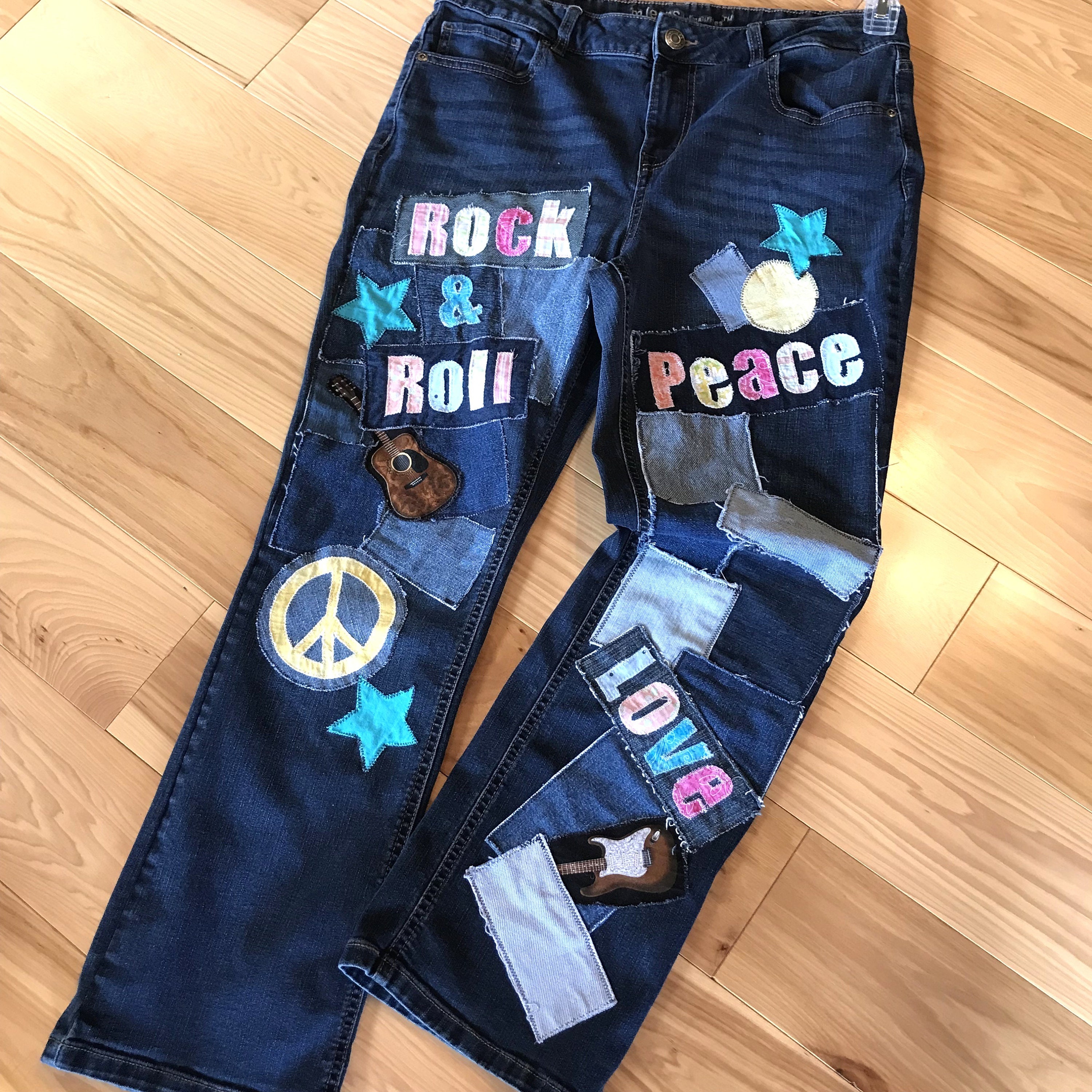 Upcycled Patchwork Jeans Size 14, Reworked Denim Hippie Pants  