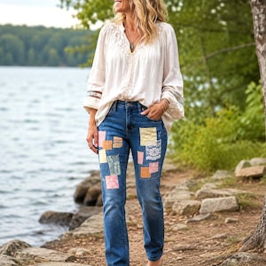 Upcycled Patchwork Jeans, W24 L28.5: Boho Hippie Pants, Spring Pastel Lace, Recycled Denim PLPJ
