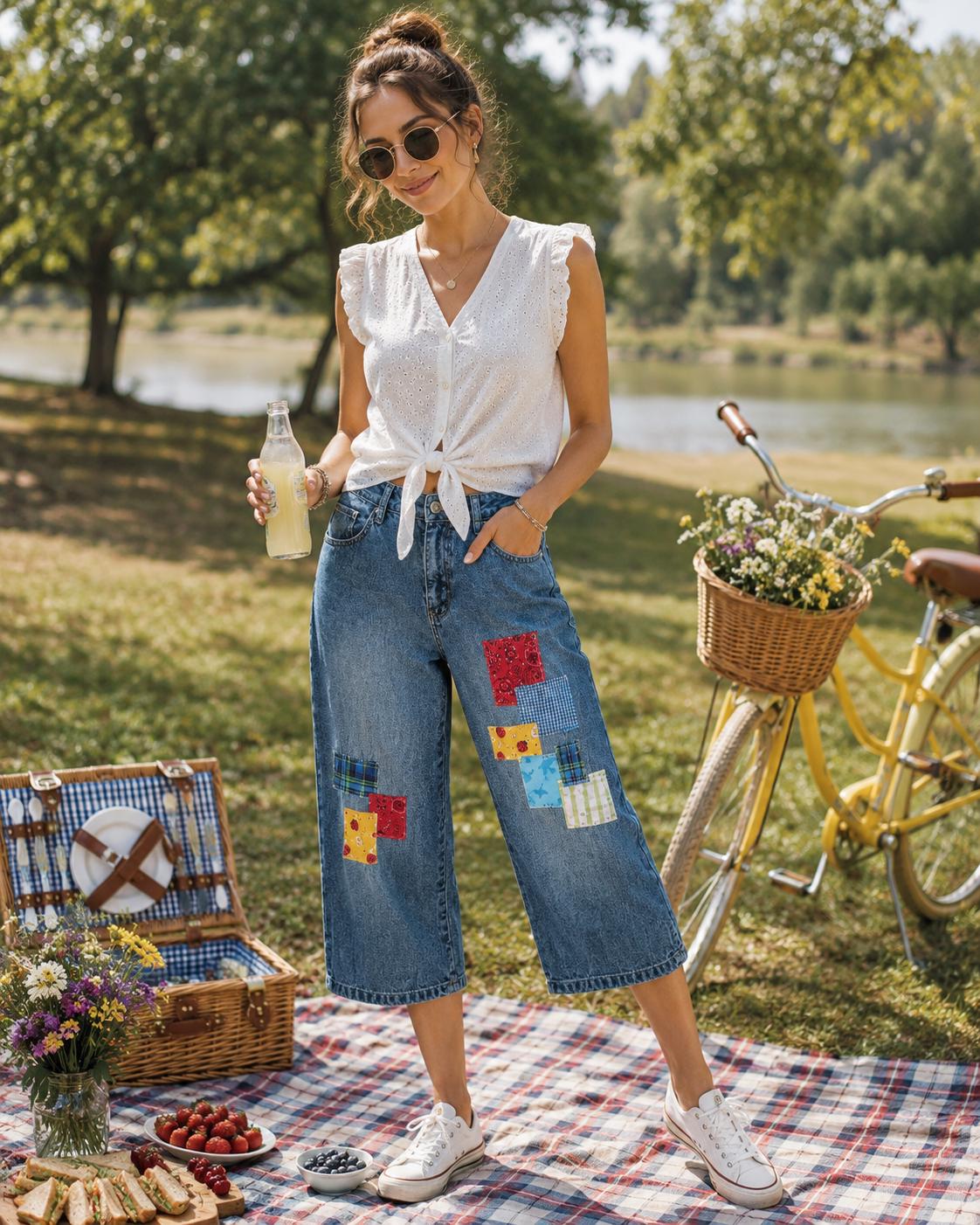 Upcycled Patchwork Capris Jeans Missy Size 14: Handmade Summer Picnic Theme Patches PWCP