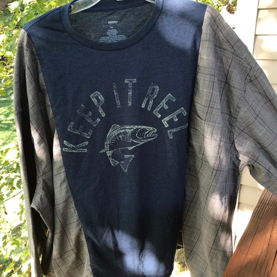 Reworked Plaid Tee Size XL-XXL, Upcycled Oversized Fishing Graphic T-shirt,  Long-sleeved Pullover Shirt, Sustainable Clothing 