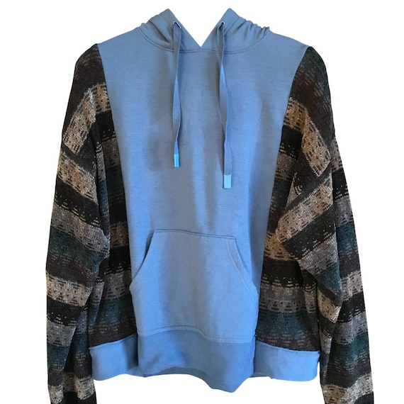 Upcycled Hoodie With Sweater Sleeves, Plus Size: Blue Sweatshirt Jacket, Soft Feel Shirt HSJ