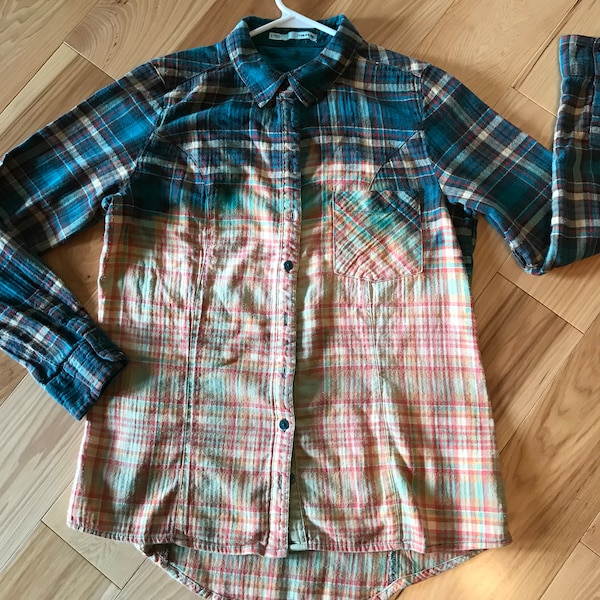 Bleached shirt for women size junior large, warm comfort colors fall plaid top, autumn winter unique bleach dyed distressed gift for her